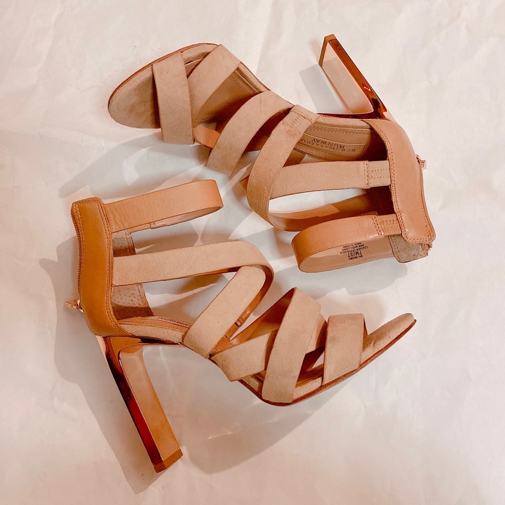 BCBG pink blush suede chrome strappy sandal heels